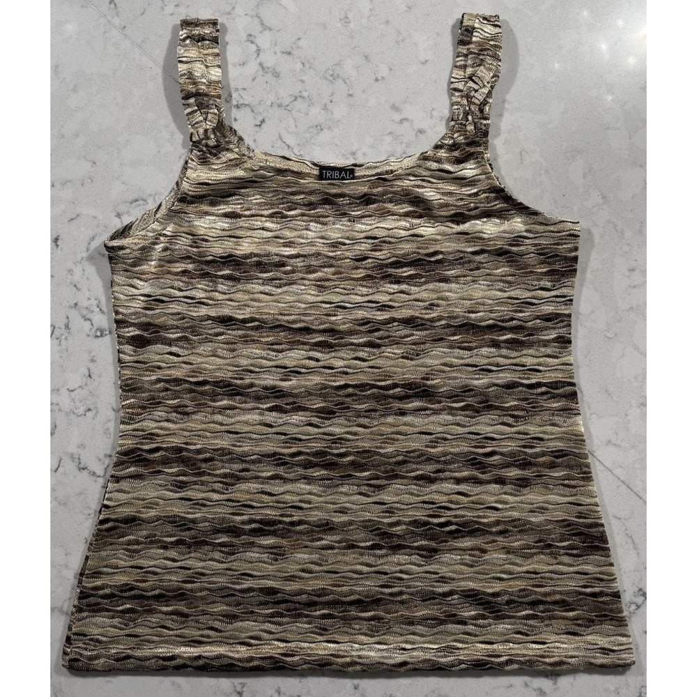 Tribal Tank Top Womens Medium Brown Beige Textured Knit Stretch Sleeveless